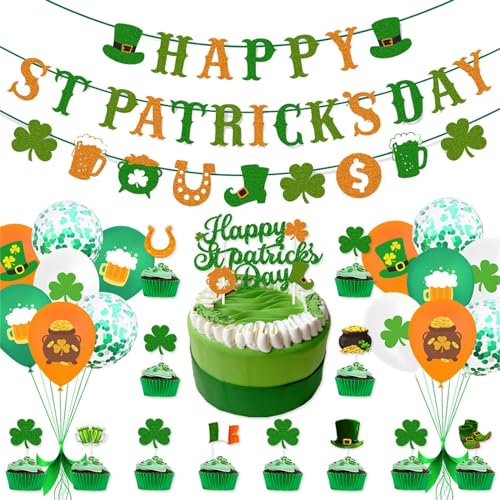 Happy St. Patricks Day Party Dekorations Sets irische Girlande Banner Kuchenaufsatz Geburtstag Cupcake Einsatz Kuchen Plugin Luftballons Set Haus St. Patricks Day Bauernhaus Dekorationen von Generic