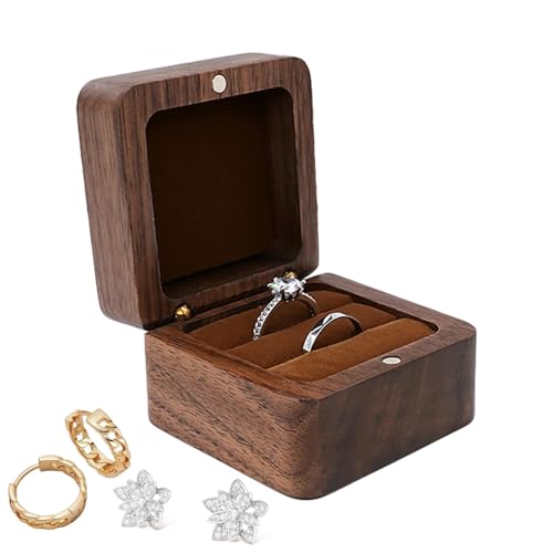 Holz Ringbox - Ohrringe Ringbox, Klassische Ringbox | Quadratische Einzelschlitz Hochzeit Ringbox, Kombinierter Verschluss für Massivholz-Organizer, s von Generic
