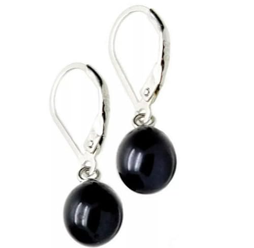 Hübsche 8-9mm Schwarze Zuchtperle baumeln Silber Leverback Ohrringe AAA von Generic