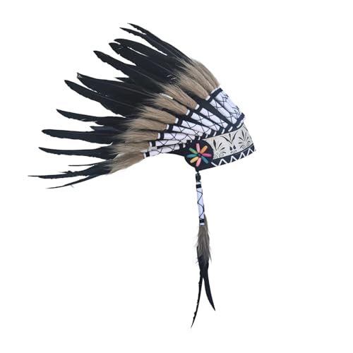 Indianerhaarschmuck Wilder Stier, Chief Feather Kopfschmuck, mit Federn und seitlichen Bändern, Stirnband Indianer, Native American Style Warbonnet, Häuptlings-Kopfschmuck (A) von Generic