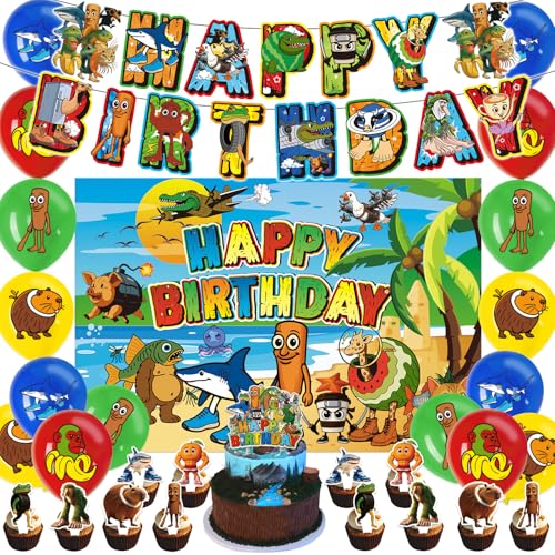 Italian Brainrot Geburtstagsparty-Dekorationsset mit Happy Birthday Banner, Luftballons, Cupcake-Topper, Cartoon-Tier-Thema (Dekorationsset + Hintergrundbanner) von Generic