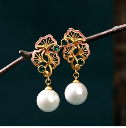 Jade Emaille Perle Baumeln Ohrringe Blume zierliche Edelstein 18K vergoldet von Generic