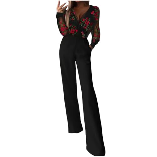 Jumpsuit für Damen, Jumpsuits für Damen, elegant, Stickerei, Netzstoff, V-Ausschnitt, hohe Taille, formelle Business-Langhose, Strampler von Generic