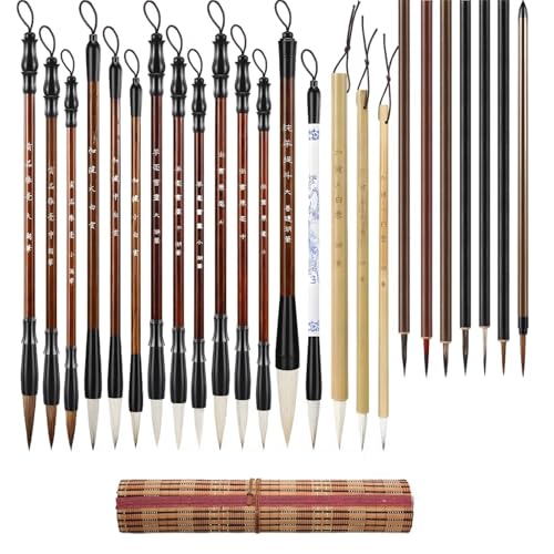 Kalligraphie-Pinsel-Set, Bambus- und Holzgriffe mit Ziegenhaar und gemischten Borsten, ideal für Aquarell, Sumi-E und Schreiben, 24-teilig von Generic