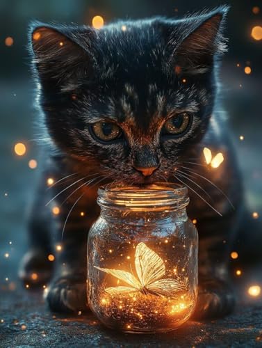 Katze Diamant Painting Schmetterling Diamond Painting Erwachsene, 5D Bastelset Erwachsene, DIY Diamanten Kinder Runder Stein Kreativ Bastelset, Mosaikherstellung, Geschenke Wanddeko 60x80cm -YZ2508954 von Generic