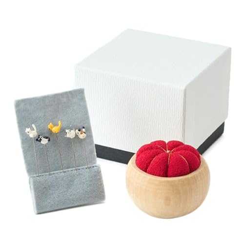 Katzen-Nadelkissen-Set, handgefertigtes japanisches Nähset mit 5 dekorativen Nadeln, traditioneller Chirimen-Stoff in Holzschale, Nähwerkzeuge von Generic