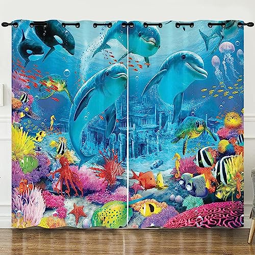 Kinder 3D Verdunkelungsvorhang Blauer Meerestier Delphin Mädchen Junge Blickdichter Vorhang 2Er Set Vorhänge Wohnzimmer Schlafzimmer Thermogardinen von Generic