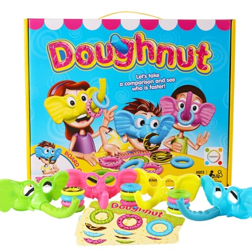 Kinder-Elefanten-Spiel – Donut-Brettspiel – lustige Familienunterhaltung mit 4 Elefantennasen-Stirnbändern und 12 bunten Donuts, lustiges Partyspiel für Kinder und Erwachsene von Generic