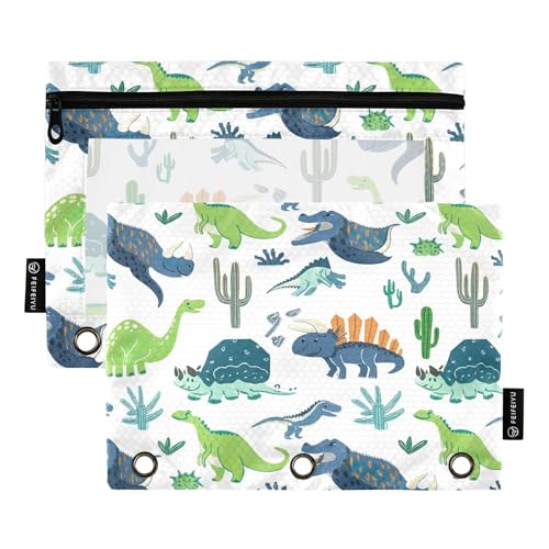 Kinder-Federmäppchen für 3-Ringbuch, Stiftebeutel, Reißverschluss, weich, für Schule, transparente Ordner, Taschen, niedliche Dinosaurier, Weiß, 24,9 x 18 cm, 2 Packungen von Generic