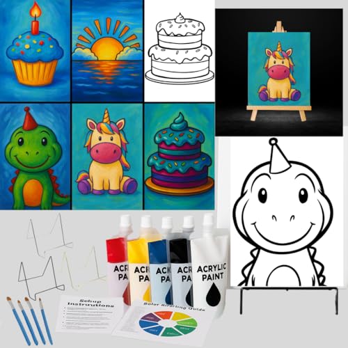 Kinder-Party-Set für 10 Personen, enthält 10 vorskizzierte Leinwände, Acrylfarbe, Pinsel, Staffeleien, Schürzen und Setup-Anleitung (evtl. nicht in deutscher Sprache), lustiges Partyzubehör für von Generic