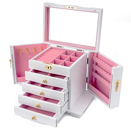 Klassische Schmuckschatulle, 4 Schubladen, großer Schmuck-Organizer aus Hartholz mit Spiegel und Schloss, Schmuckschatulle für Frauen, Geschenk-Aufbewahrungsbox von Generic