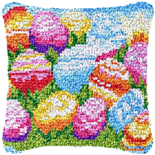 Knüpfhaken-Kits Kissenbezug Ostern Buntes Ei Gedruckt Leinwand Kissen Häkelgarn Handarbeit DIY Haken Riegel Kit Stickerei Kissenbezug Teppich Zuhause Sofa Weihnachtsdekoration 43x43cm(5) von Generic