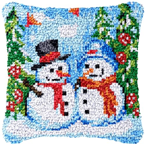 Knüpfkissen-Kits, Schneemann in Weihnachten, Knüpfhaken, Kissen, Wurfkissen, Stickerei-Bastelsets für Anfänger, DIY, Knüpfteppich-Set mit bedruckter Leinwand, Hobby und Handwerk, 43 x 43 cm von Generic