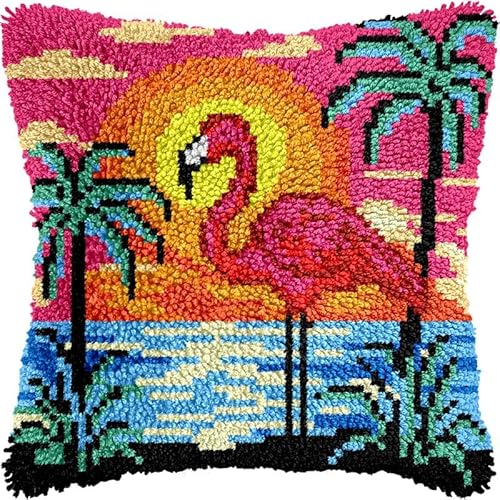 Knüpfkissen-Set mit Flamingo und Sonnenuntergang am Meer, Kissenbezug mit Muster, bedruckte Leinwand, Sofakissen, Basteln, Stickerei, Knüpfhaken, Häkelset, 43,2 x 43,2 cm (83) von Generic