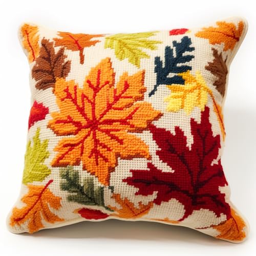 Knüpfkissen-Set mit Herbst-Ahornblättern, für Erwachsene, mit bedruckter Leinwand, DIY-Haken, Häkelgarn, Nadel, Handwerk, einfach handgefertigt, Kissen für Zuhause, Sofa, Dekoration, 43 x 43 cm (8) von Generic
