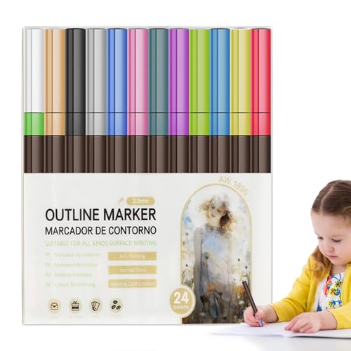 Konturmarker, Doppellinien-Konturmarker | Farbige Konturmarker Selbstkonturmarker | Glitzer-Gel-Konturstift, Glitzer-Marker für Künstlerkritzel von Generic