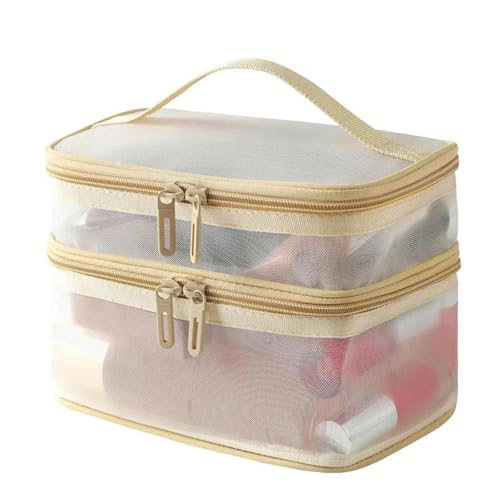 Kosmetiktasche für Damen, doppellagig, Netzstoff, tragbar, große Kapazität, Toilettenartikelbox, Kosmetikaufbewahrung, Beige von Generic