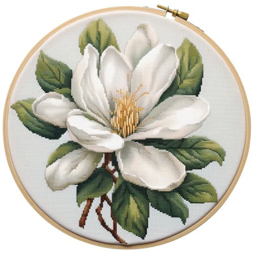 Kreuzstich-Set mit weißer Magnolien-Blume, für Anfänger, einfach mit Reifen, 11-fädig, Stickerei, Kreuzstich-Set, Bastelarbeiten, Wanddekoration, 35 x 35 cm von Generic