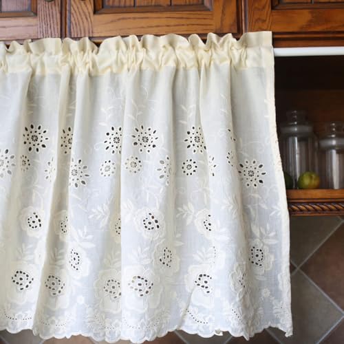 Küchenvorhang Baumwolle Scheibengardine mit Blumen Ausschnitten Stickerei Breit Kleinfenster Kurze Fenster Halbtransparent Beige Kurzgardine (Color : Beige, Size : 200x53cm/79x21in) von Generic