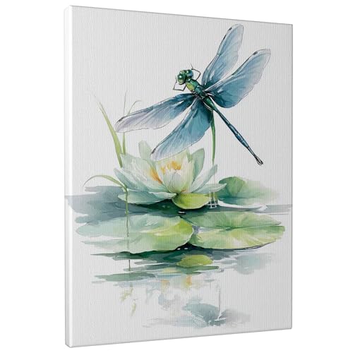 Kunstdruck auf Leinwand, Motiv: Frühlingslibelle, blau-grüne Lilien-Pad-Drucke, von der Natur inspirierte Wanddekoration für Wohnzimmer, Schlafzimmer, Büro, entspannendes Zuhause, ästhetisch, 40,6 x von Generic