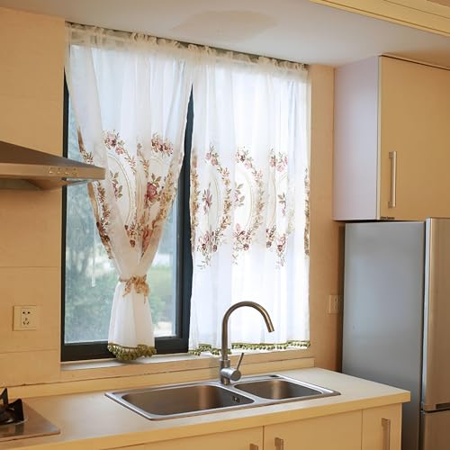 Kurzgardine mit Rose Stickerei Voile Sheer Küchenvorhang Landhausstil Scheibengardine mit Stangentaschen Bistrogardinen Dekorativ für Zimmer Fenster (Color : White, Size : 100x160cm/39x63in) von Generic