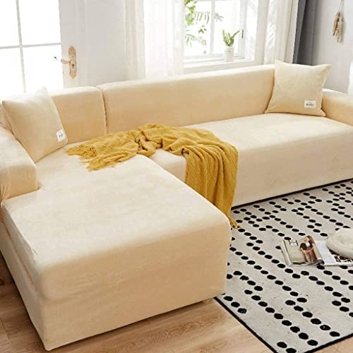 L-förmige Sofabezüge, 1/2/3/4-Sitzer-Stretch-Couchbezug, Sofabezug aus Samtstoff (Farbe: Beige, Größe: 1 Sitzer (90–140 cm)) von Generic
