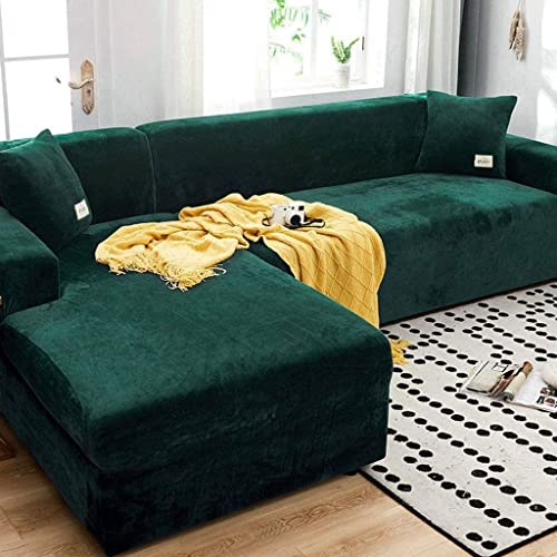 L-förmige Sofabezüge, 1/2/3/4-Sitzer-Stretch-Couchbezug, Sofabezug aus Samtstoff (Farbe: Dunkelgrün, Größe: 1 Sitzer (90–140 cm)) von Generic
