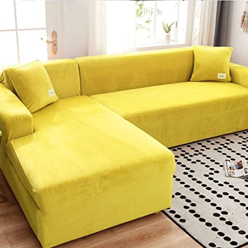L-förmige Sofabezüge, 1/2/3/4-Sitzer-Stretch-Couchbezug, Sofabezug aus Samtstoff (Farbe: Gelb, Größe: 2-Sitzer (145–185 cm)) von Generic