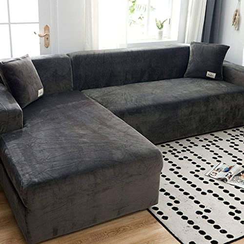 L-förmige Sofabezüge, 1/2/3/4-Sitzer-Stretch-Couchbezug, Sofabezug aus Samtstoff (Farbe: Grau, Größe: 2-Sitzer (145–185 cm)) von Generic