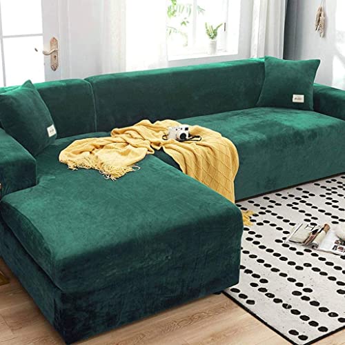 L-förmige Sofabezüge, 1/2/3/4-Sitzer-Stretch-Couchbezug, Sofabezug aus Samtstoff (Farbe: Grün, Größe: 2-Sitzer (145–185 cm)) von Generic