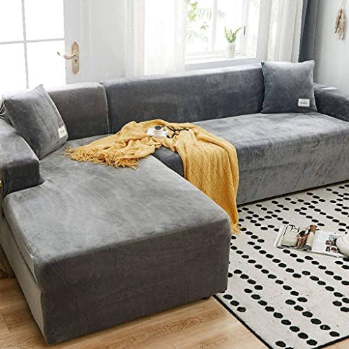 L-förmige Sofabezüge, 1/2/3/4-Sitzer-Stretch-Couchbezug, Sofabezug aus Samtstoff (Farbe: Hellgrau, Größe: 2 Sitzer (145–185 cm)) von Generic