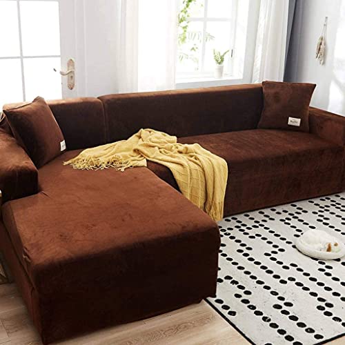 L-förmige Sofabezüge, 1/2/3/4-Sitzer-Stretch-Couchbezug, Sofabezug aus Samtstoff (Farbe: Kaffee, Größe: 3-Sitzer (190–230 cm)) von Generic