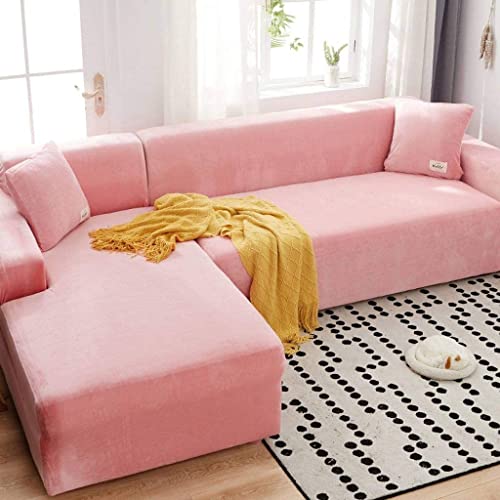 L-förmige Sofabezüge, 1/2/3/4-Sitzer-Stretch-Couchbezug, Sofabezug aus Samtstoff (Farbe: Rosa, Größe: 2 Sitzer (145–185 cm)) von Generic