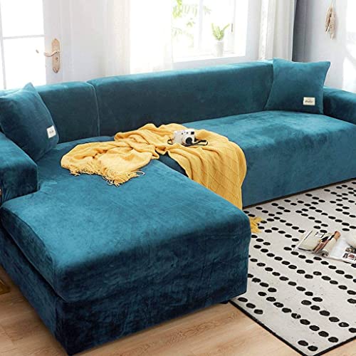 L-förmige Sofabezüge, 1/2/3/4-Sitzer-Stretch-Couchbezug, Sofabezug aus Samtstoff (Farbe: Seeblau, Größe: 3-Sitzer (190–230 cm)) von Generic