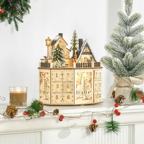 LED 24 Tage Holz-Adventskalender, Holz-Adventskalender mit 24 Schubladen, verziert mit Weihnachtsbaum-Pagodenzaun, leere Adventskalender, zum Selbstbefüllen, Countdown-Feiertagsgeschenke von Generic