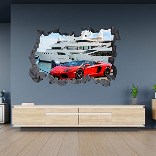 Lamborghini Rotes Sportwagen 3D-Loch in der Wand, C-Effekt, Wandaufkleber, Wandbild, 105cm x 69cm von Generic
