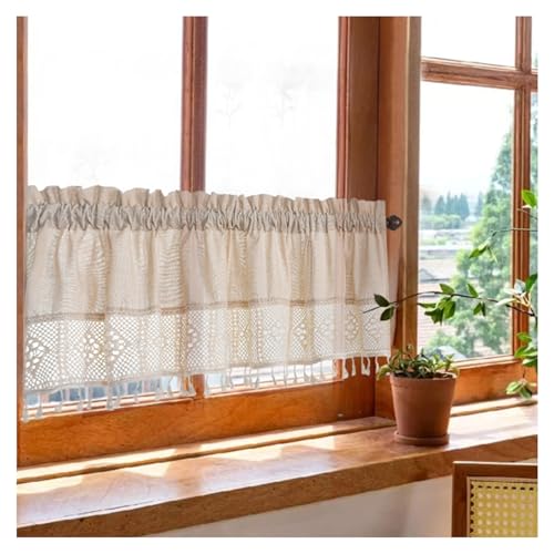 Landhausstil Kurzgardinen, Halb Transparent Bistrogardinen 1 Stück Klein Fenstervorhang mit Quasten Scheibengardine für Büros Balkon Balkontür Kleine Fenster, B x H(Beige,74x90cm(29x35in)) von Generic