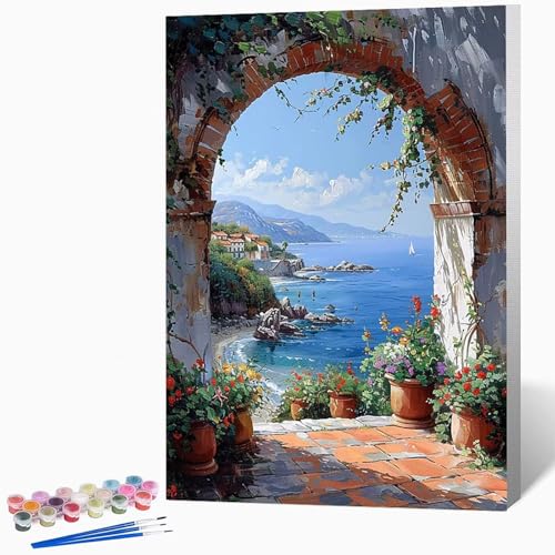 Landschaft Malen Nach Zahlen Erwachsene Meer Malen Nach Zahlen DIY Set Erwachsene 60 x 80 cm, Kreativ Handgemalt Leinwand Set Mit 3-Pinseln Und Acrylfarbe, Geschenke, Deko (Ohne Rahmen) -LKF075206 von Generic