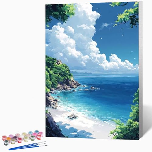 Landschaft Malen Nach Zahlen Erwachsene Meer Malen Nach Zahlen DIY Set Erwachsene 70×95cm, Kreativ Handgemalt Leinwand Set Mit 3-Pinseln Und Acrylfarbe, Geschenke FüR Frauen (Ohne Rahmen) -LKF0753M7 von Generic