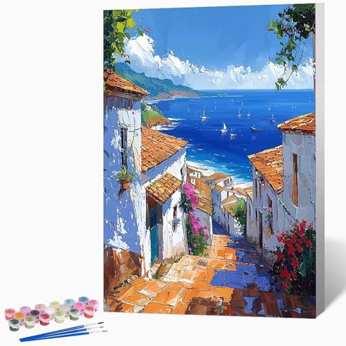 Landschaft Malen Nach Zahlen Erwachsene Meer Malen Nach Zahlen DIY Set Erwachsene 70x95cm, Kreativ Handgemalt Leinwand Set Mit 3-Pinseln Und Acrylfarbe, Geschenke FüR Frauen (Ohne Rahmen) -LKF0771XC von Generic
