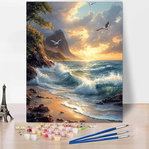 Landschaft Malen Nach Zahlen Erwachsene Strand Malen Nach Zahlen Kreativ Set Erwachsene 50×65cm, Leinwand Ölgemälde Bastelset mit Pinsel und Farben für Deko, Geschenke für Frauen, Ohne Rahmen -XY15A von Generic