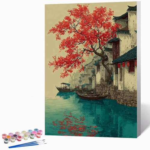 Landschaft Malen Nach Zahlen Erwachsene Tuschemalerei Malen Nach Zahlen DIY Set Erwachsene 30×40cm, Kreativ Handgemalt Leinwand Set Mit 3-Pinseln Und Acrylfarbe, Geschenke (Ohne Rahmen) -LKF072151 von Generic