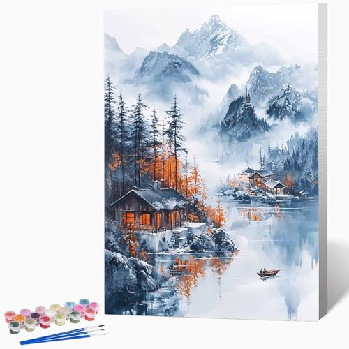 Landschaft Malen Nach Zahlen Erwachsene Winter Malen Nach Zahlen DIY Set Erwachsene 20×30cm, Kreativ Handgemalt Leinwand Set Mit 3-Pinseln Und Acrylfarbe, Geschenke FüR Frauen (Ohne Rahmen) -LKF0774P7 von Generic