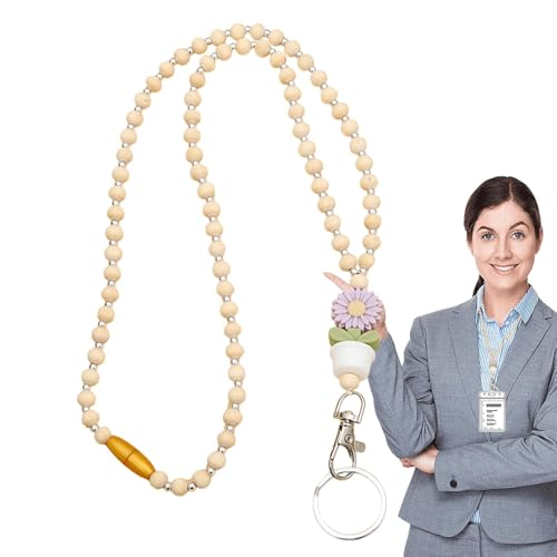 Lanyards mit Holzperlen für Damen, Kordeln mit Perlen für Namensschilder – Schlüsselbänder aus Holz mit Blumen und Perlen, niedliche modische Boho Schlüsselbänder mit Blumen und Holzperlen für Frauen von Generic