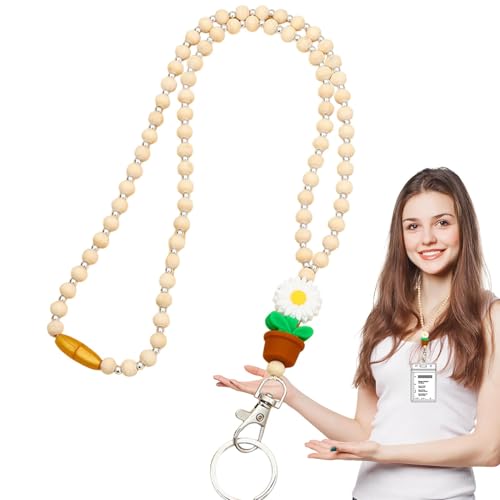 Lehrer-Lanyards mit ID-Halter, Schlüsselbänder mit Holzperlen für Damen - Blumenholz und Perlenschnüre,Niedliche Mode Boho Blume und Holzperlen Lanyards für Frauen, Studenten-ID-Abzeichen Lehrer-Lanyards mit ID-Halter, Schlüsselbänder mit Holzperlen für Damen - Blumenholz und Perlenschnüre,Niedliche Mode Boho Blume und Holzperlen Lanyards für Frauen, Studenten-ID-Abzeichen von Generic