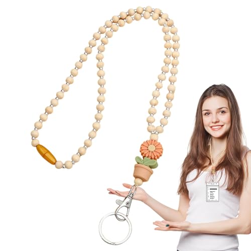 Lehrer-Schlüsselband mit Ausweishalter, Schlüsselbänder mit Holzperlen für Frauen, Schlüsselanhänger mit Blumenabzeichenhalter, Brillenketten, niedliche Boho-Blumenschnüre von Generic