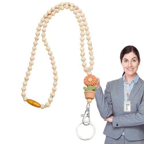 Lehrerschnur mit Perlen, Lehrerschnur mit ID-Halter,Lehrerschnur für Schlüssel - Nette Mode Boho Blume und Holzperlen Lanyards für Frauen, Studenten-ID-Abzeichen von Generic