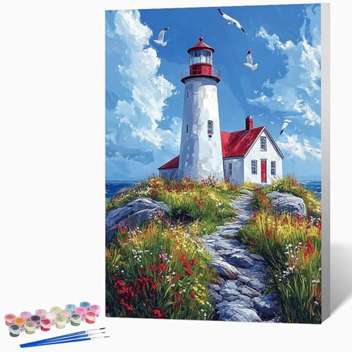 Leuchtturm Malen Nach Zahlen Erwachsene Landschaft Malen Nach Zahlen DIY Set Erwachsene 30×40cm, Kreativ Handgemalt Leinwand Set Mit 3-Pinseln Und Acrylfarbe, Geschenke (Ohne Rahmen) -LKF0775QH von Generic