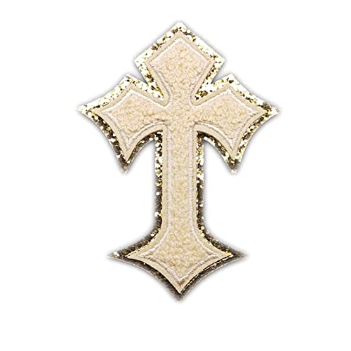 Locomo Chenille Gothic Cross Sew Iron On Patch Gold Trim Applique Kruzifix Herz Kreuz Punk Metall Grunge Ästhetische Jacke T Shirt Dekoration von Generic