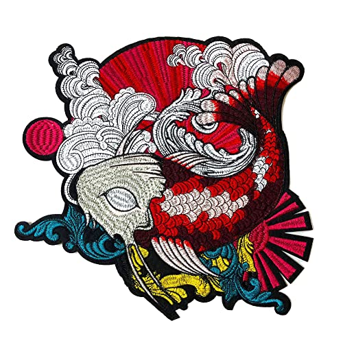 Locomo Großer japanischer Koi-Fisch-Statement zum Aufbügeln oder Aufnähen, bestickt, Big Koi Carp Lotus-Stickerei Rückenaufnäher für Jacke Rucksack Mantel Applikation von Generic